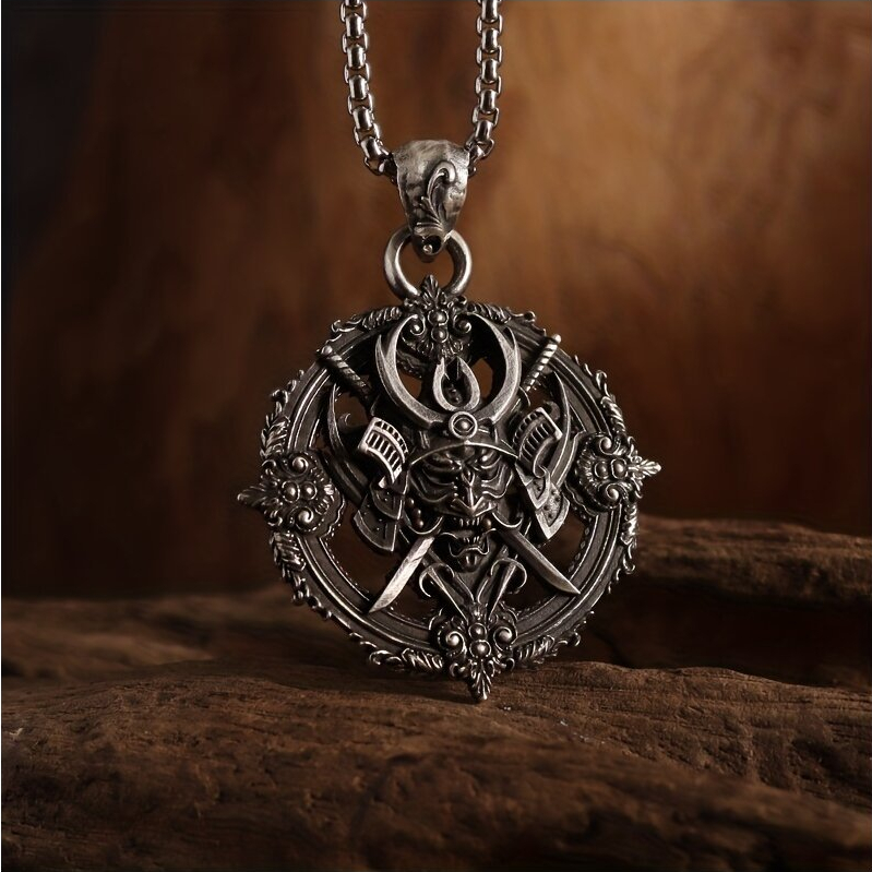 Kalung Logo Samurai Bulat Keren Gaya Hip Hop Punk Kualitas Bagus / Kalung Rantai Pria Liontin Topeng