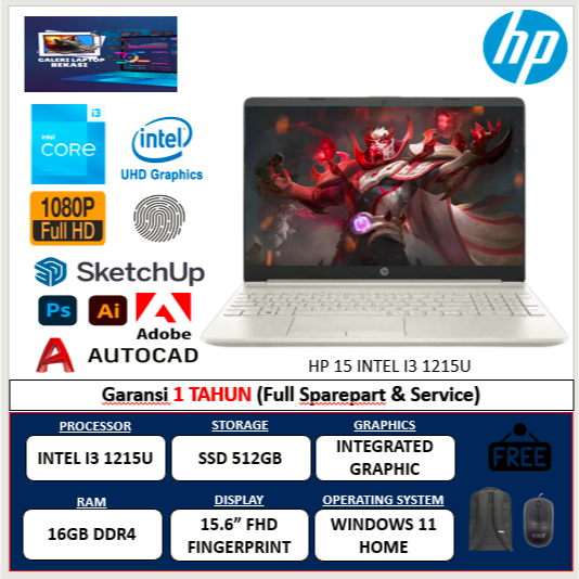 LAPTOP MURAH HP 15 INTEL I3 1215U 16GB 512GB 15.6 FHD FP WIN11HOME SILVER