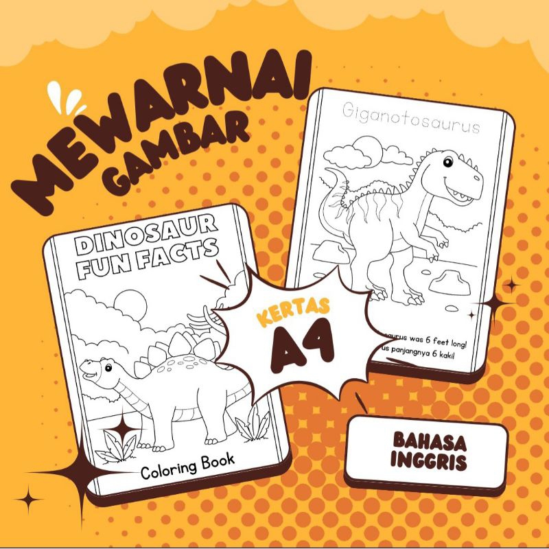 

kertas Mewarnai 30 Lembar, Tema Gambar Dinosaurus Disertai Bahasa Inggris Untuk Anak Usia Dini, Paud, TK, SD