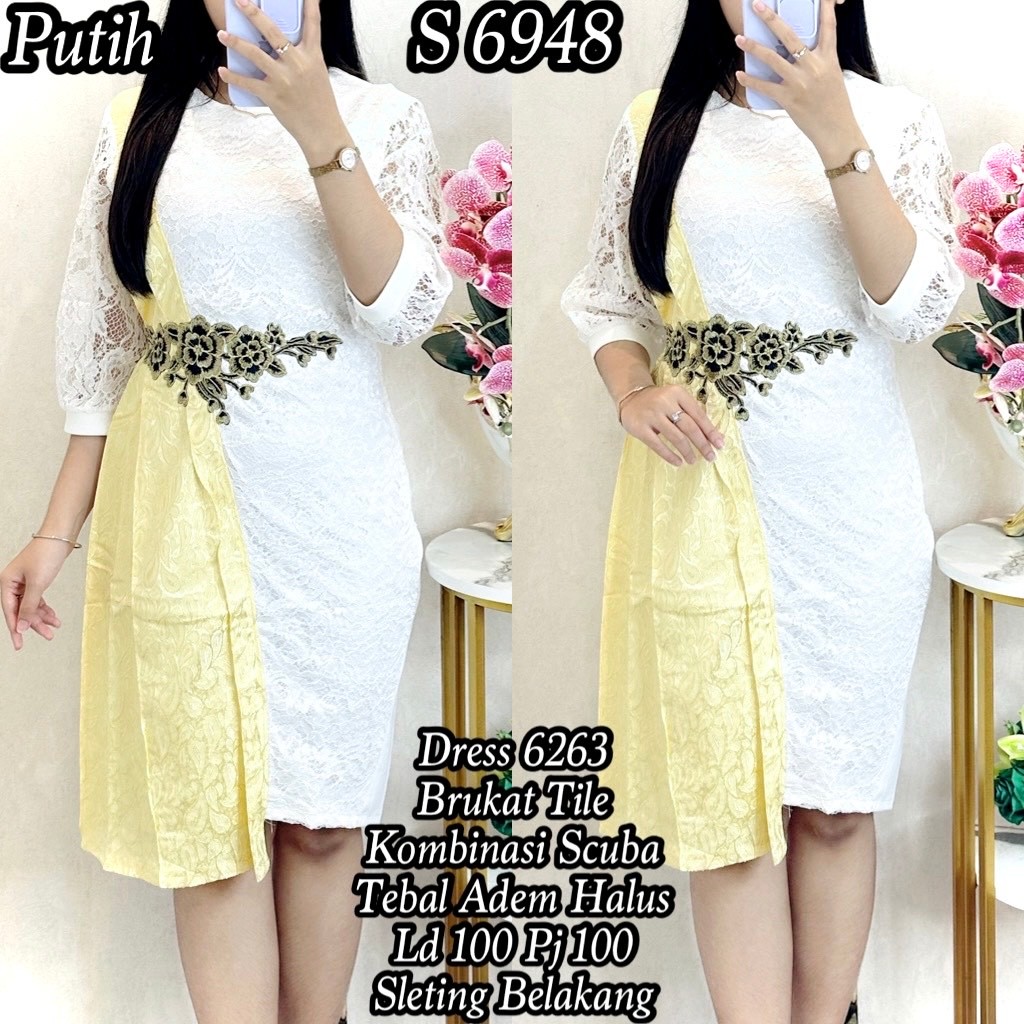 6948 #Dress Brukat Tile Kombinasi Scuba Midi Span Pesta Wanita