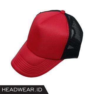 Topi Jaring Trucker Polos Merah-Merah-Hitam