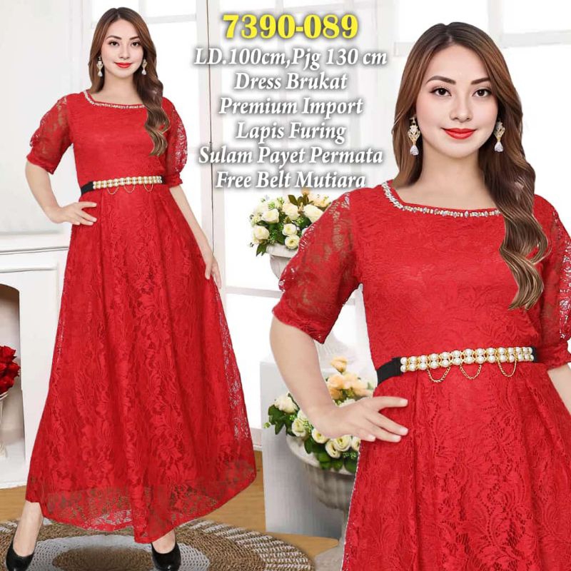 LONG DRESS GAUN PANJANG BAHAN FULL BROKAT TANPA GLITTER LENGAN 3/4 LEHER SABRINA PAYET FREE BELT WAR
