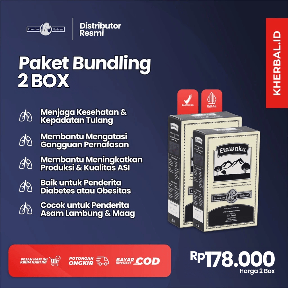 

Paket 2 Box Etawaku Platinum - Solusi Tepat Hidup Sehat Tampa Obat, Atasi Permasalahan Penapasan, Meningkatkan Daya Tahan Tubuh, Mengobati Masalah Persendian, Susu Pernapasan, Susu Asma, Susu Pernapasan, Susu Sendi, Susu Tulang, Susu Diabetes