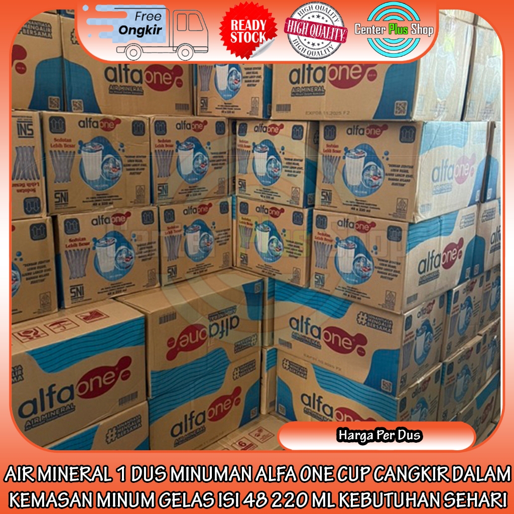 

1 Dus Air Mineral Minuman Alfa One Cup Cangkir Dalam Kemasan Minum Putih Gelas Isi 48pcs 220 ML Kebutuhan Sehari Hari Alfaone Penghilang Haus