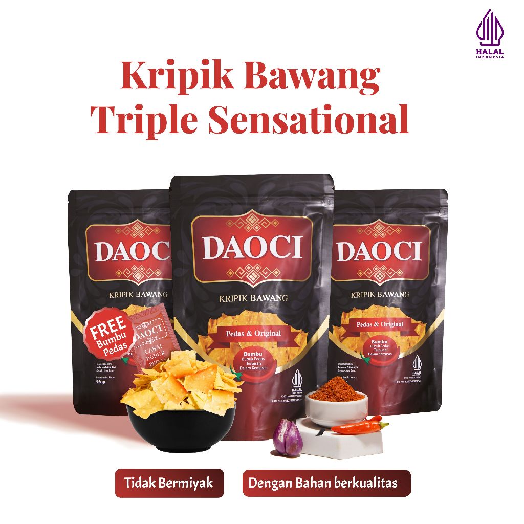 

DAOCI - Triple Pack Combo - Snack Keripik Bawang Dua Rasa Dalam Satu Kemasan Pedas & Original - Kemasan 100g