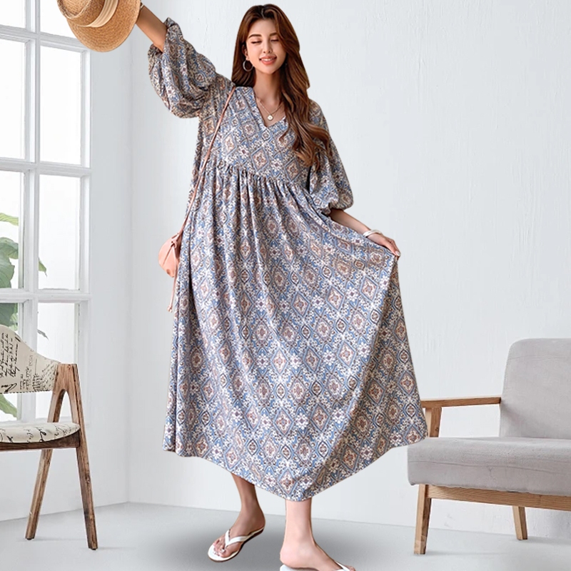 rok panjang wanita Gaun dress Bodycon premium longgar kerah V panjang lengan lentera Bahan jatuh sed