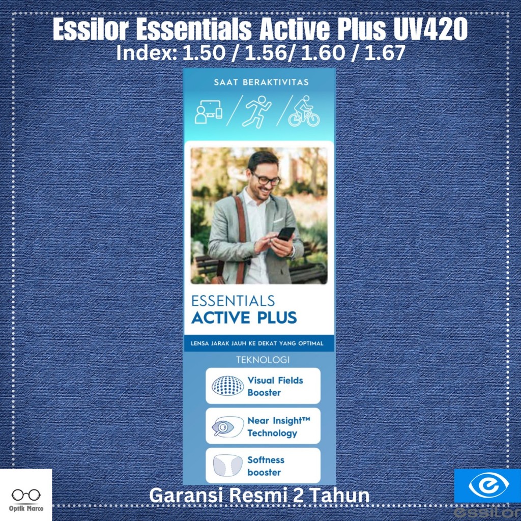 Lensa Kacamata Progresif Bluechromic Essilor Essentials Active Plus Light Adapt Grey UV420