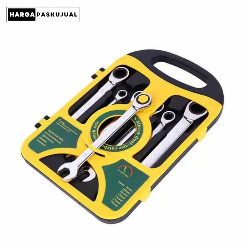 Kunci Ring Pas Set 7 Pcs Kunci Ring 8-19mm Wrench Rachet Kunci Ring Pas Rachet Set 7 Pcs 8 - 19 MM