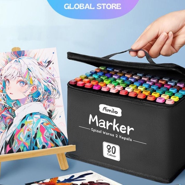 

HJ6 Aimilo Spidol Warna Warni 1 Set Sketch Marker 2 Tip Touch Marker 4868 Warna