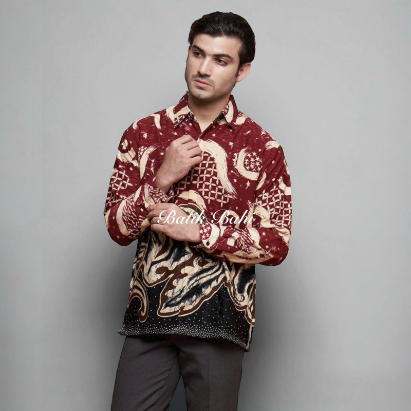 Dobby MAROON Kemeja Batik  Pria Lengan Panjang  Warna Maroon, Kemeja Batik Warna Maroon