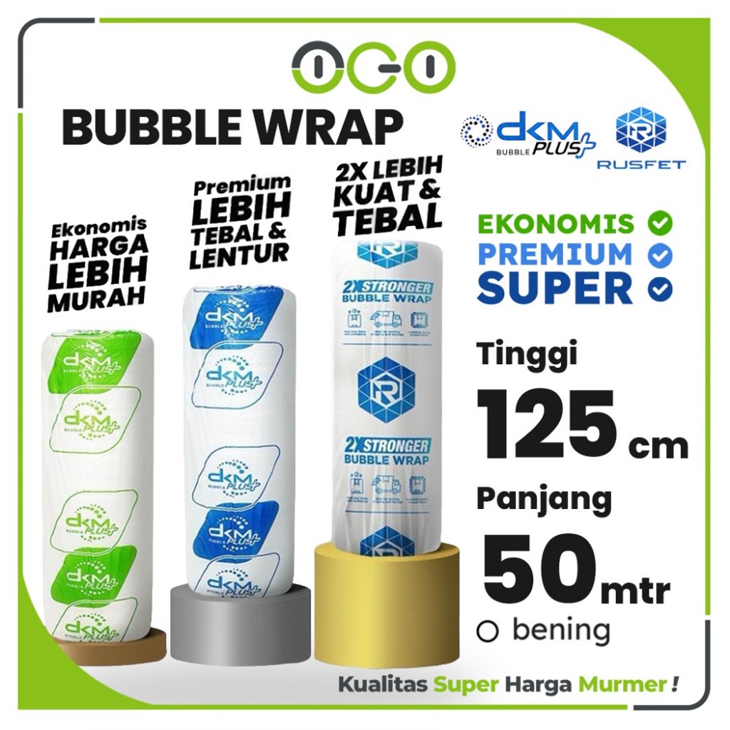 

Bubble Wrap Roll Warna Bening 125cm x 50meter Merek DKM dan RUSFET/ Plastik Buble Packing Gelembung