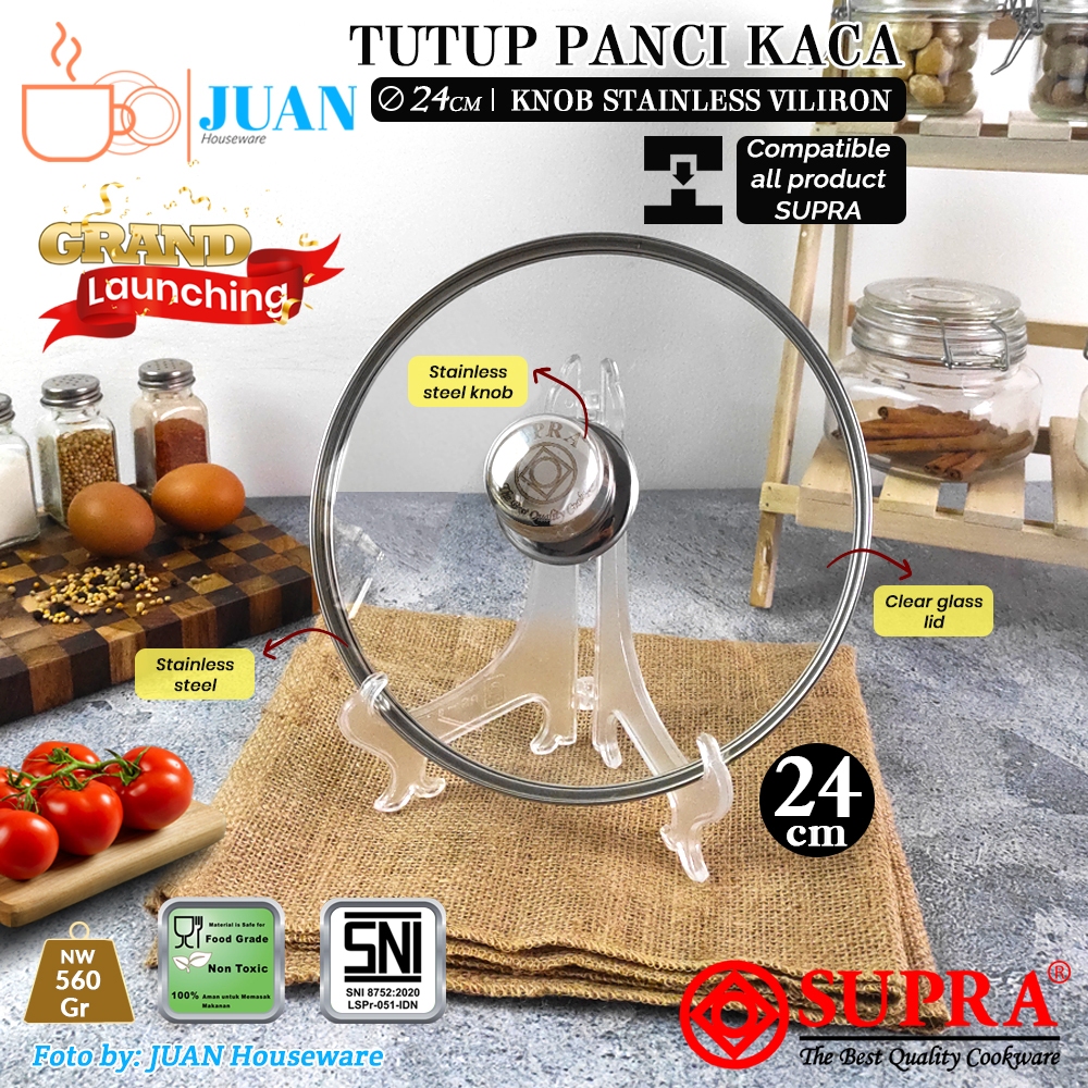 SUPRA Tutup panci kaca 24cm handle stainless viliron