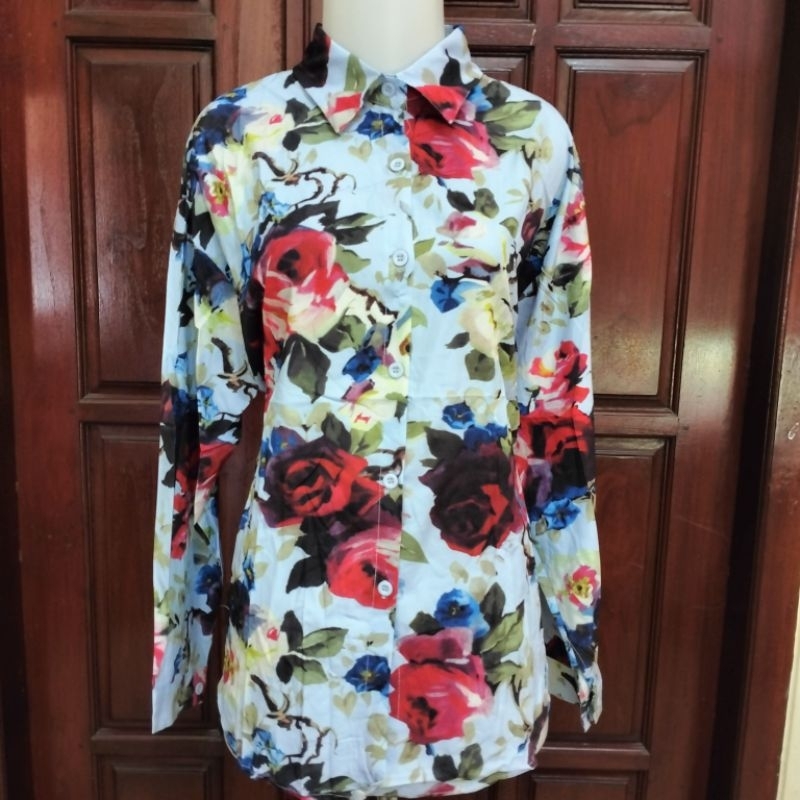 KEMEJA WANITA/ KEMEJA KERJA KULIAH/ KEMEJA MALIANNI MOTIF BUNGA BLUE SKY