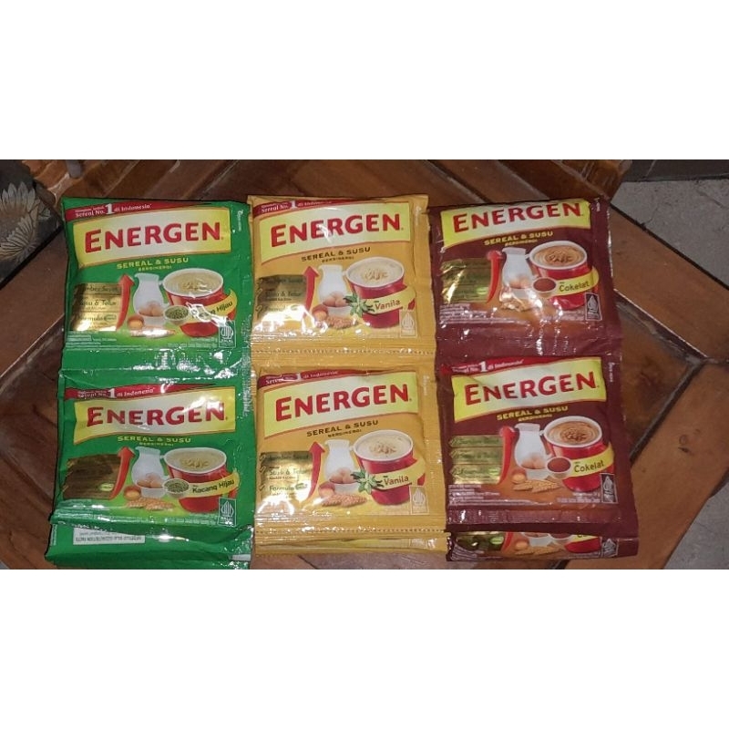 

ENERGEN 1 RENCENG ISI 10PC COKLAT/KACANG HIJAU/VANILLA/KURMA/JAHE