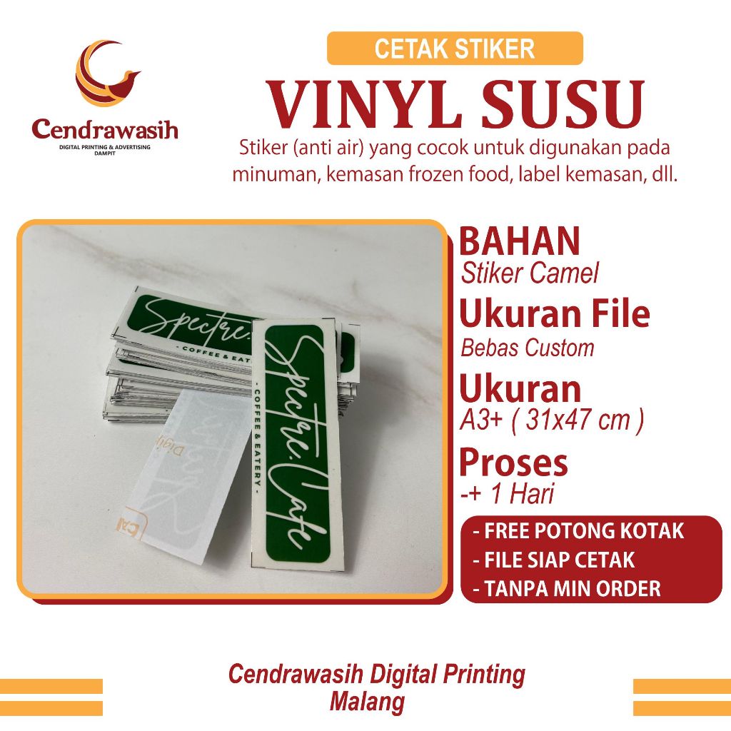 

STIKER VINYL SUSU+POTONG A3+ BAHAN CAMEL / CETAK STIKER ANTI AIR