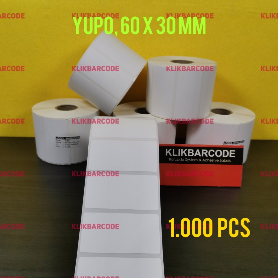 

Yupo 60x30mm 1Line 1000pcs Gap 2mm Core 1 Inchi / Label Stiker Barcode Anti Sobek Anti Air Frozen