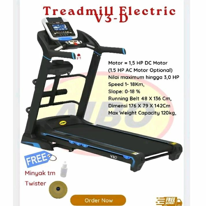 AIBO FITNESS & HEALTH BANJARMASIN/ Treadmill V3D/ Treadmill Elektrik/ Auto Incline/ Ready Stock/ War