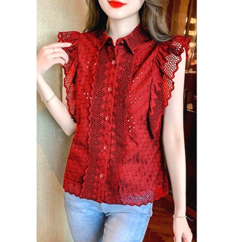 2191 Fashion pakaian atasan kostum baju blouse blus kemeja lengan pendek rempel renda katbol katunbo