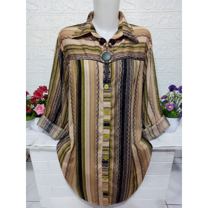 Baju kemeja atasan wanita motif salur bahan adem lengan panjang R351A