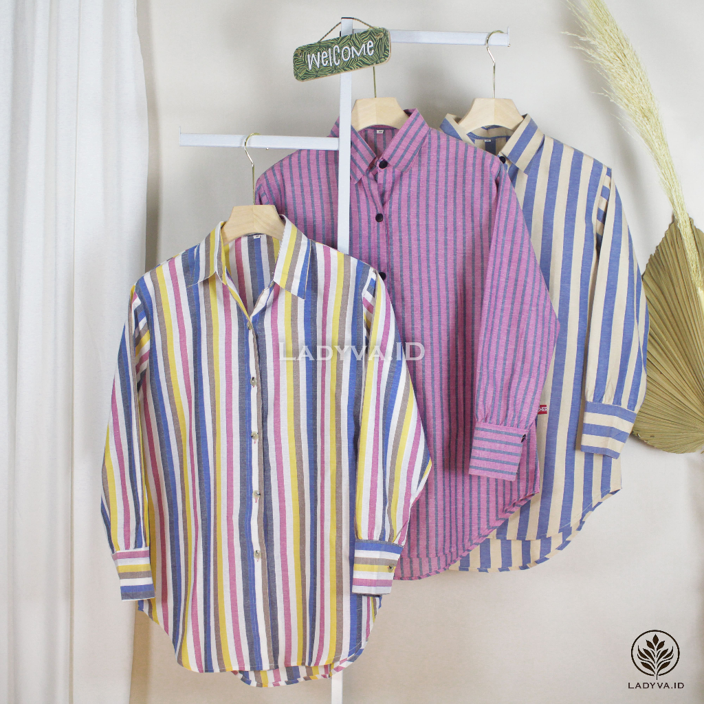 KEMEJA WANITA LD 130 LD 110 ATASAN JUMBO / KATUN PREMIUM / BLOUSE OVERSIZE / MOTIF GARIS SALUR