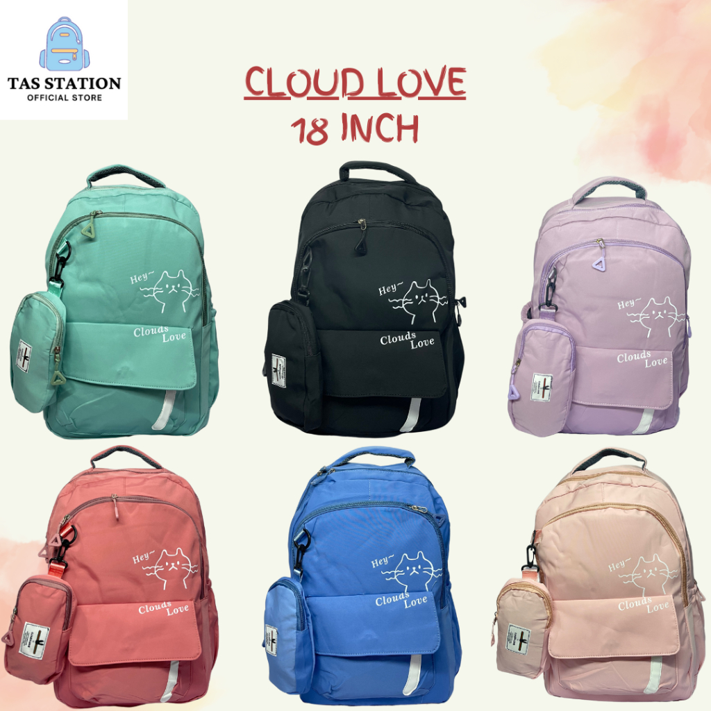 Tas Ransel Sekolah Cloud Love Model Korea Import + Tempat Pensil SMP SMA Anak Perempuan 18 Inch
