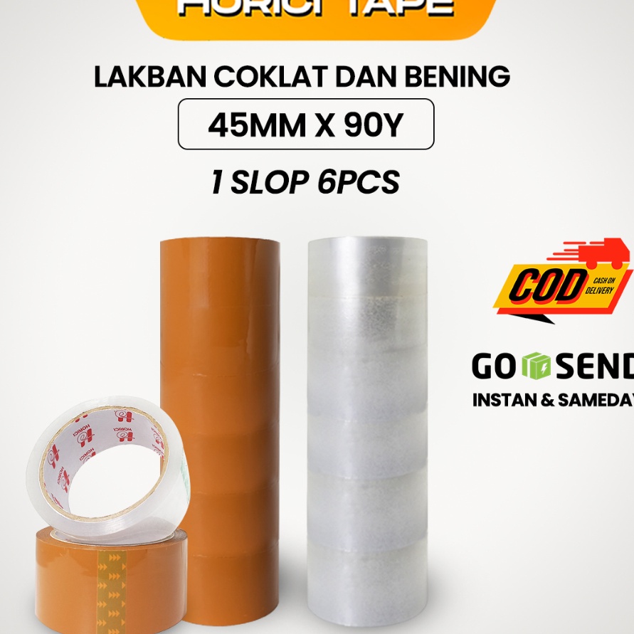 

HJ6 HORICI 1 SLOP ISI 6 PCS 45MM9Y TAPE CLEAR LAKBAN BENING DAN COKLAT