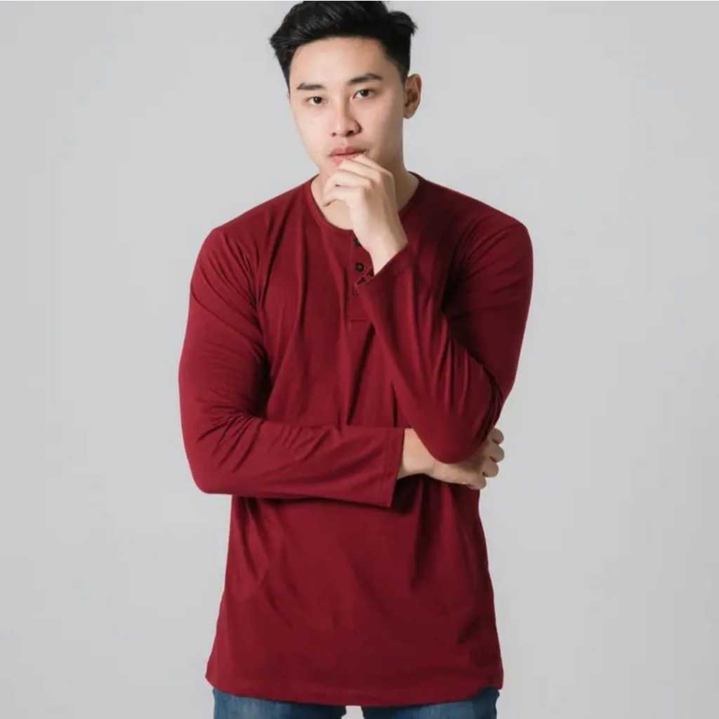 [COD]T shirt kaos polos lengan panjang pria henley kaos pria kancing tiga atasan pria polos termurah