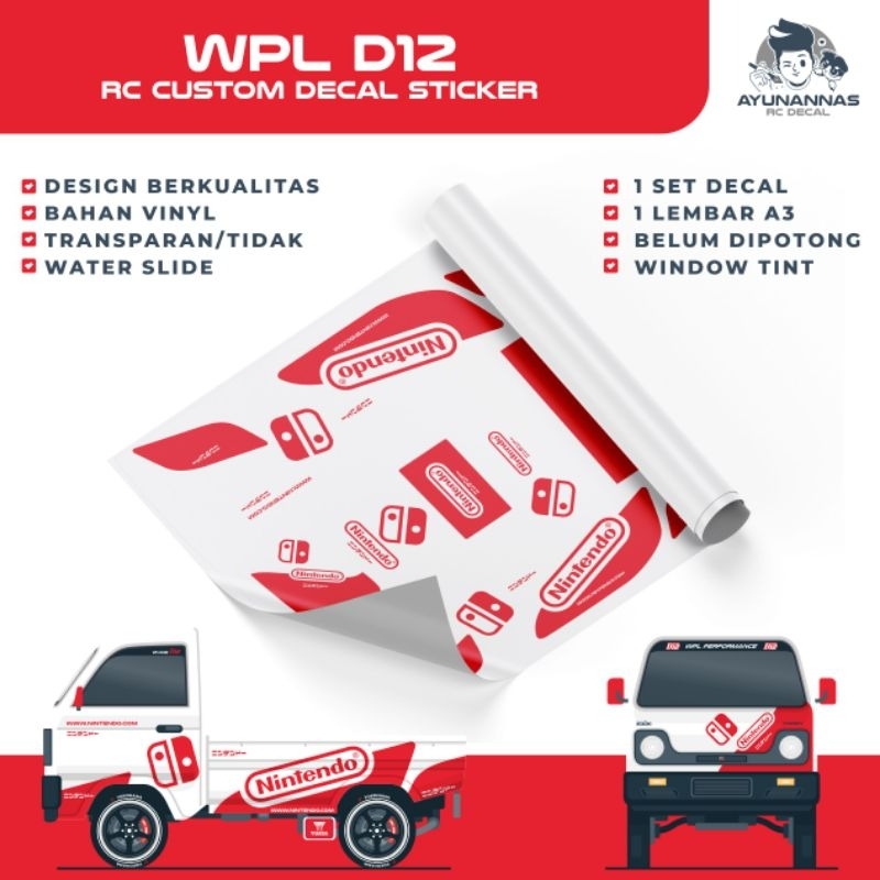 Decal Stiker RC WPL D12 skala 1:10 Nintendo livery