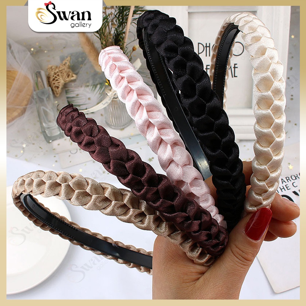Bando Kepang Korea Bahan Satin Kilau Headband Wanita Braid Fashion Aksesoris Anak Dewasa Bando Satin