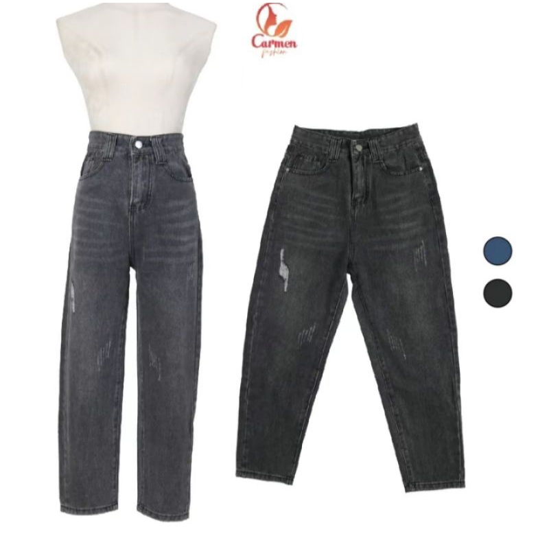 boyfriends ripped jeans high waist wanita celana panjang longgar korea santai abu ukuran xxl