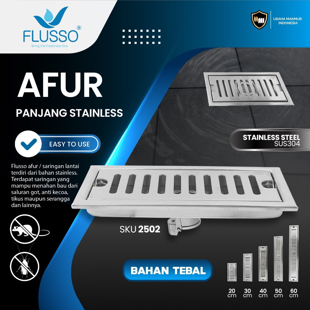 FLUSSO Floor Drain Linear Panjang Saringan Got Kamar Mandi Long Saringan Pembuangan Air 2502