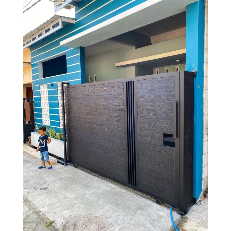 pintu pagar sliding kombinasi Wood plank