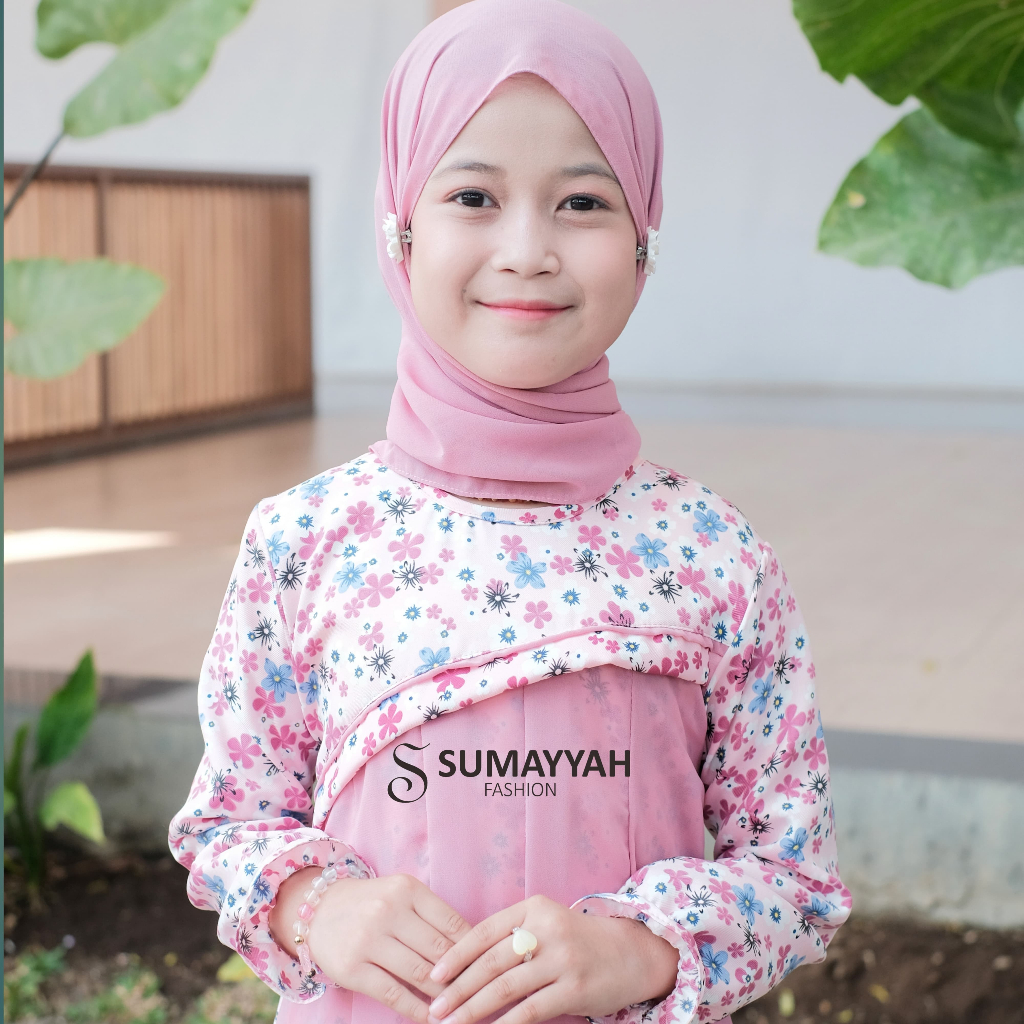 NEW PRODUCT SUMAYYAH- GAMIS ANAK SET HIJAB PASHMINA SHAKILA MOTIF BUNGA MIX CERUTY BABYDOLL USIA