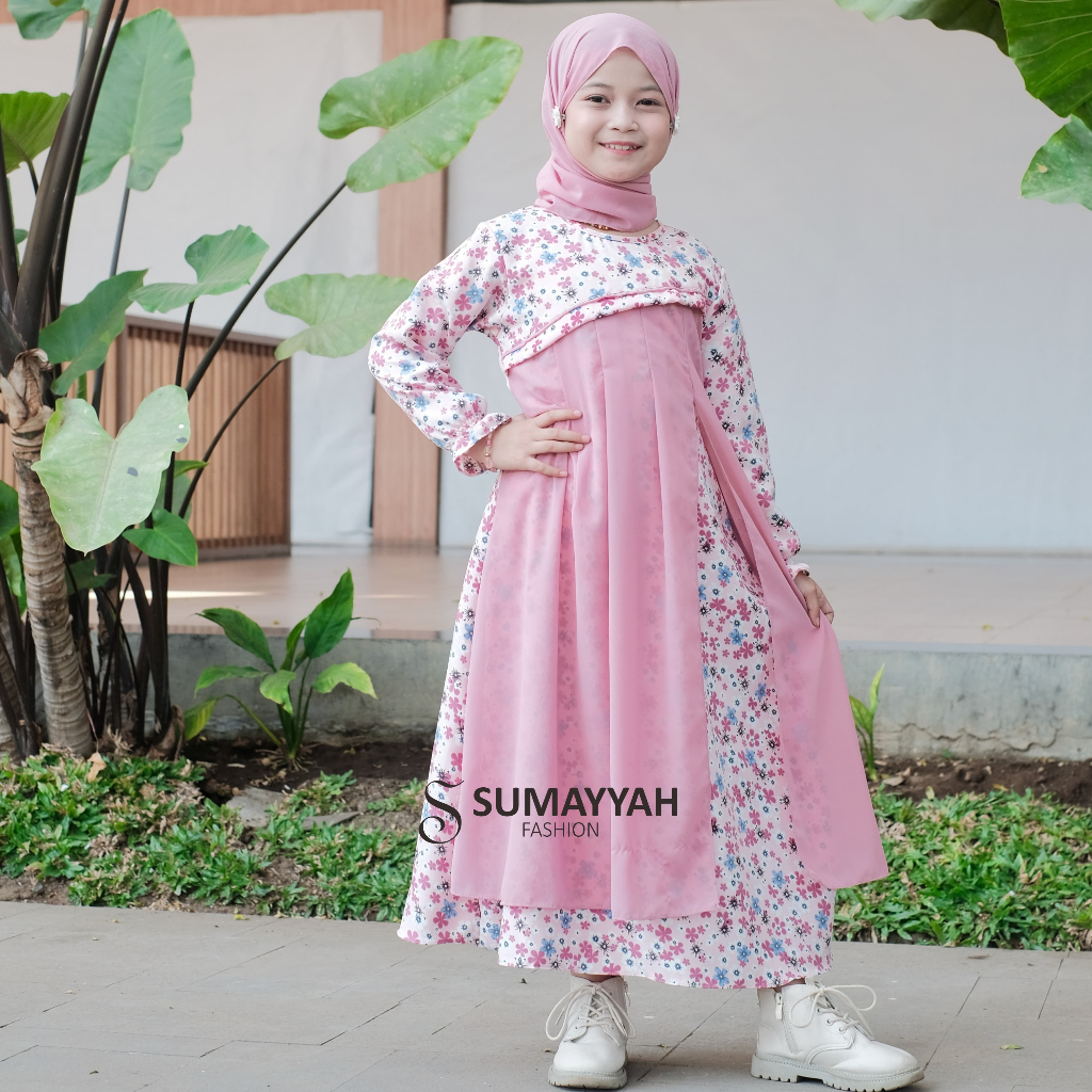 Sumayyah- Gamis Anak Set Hijab Pashmina Shakila Motif Bunga Mix Ceruty Babydoll Usia 3-10 Tahun