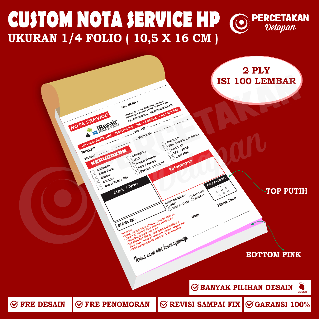 Cetak Nota Service HP Custom - Nota Konter - Nota Custom Free Desain