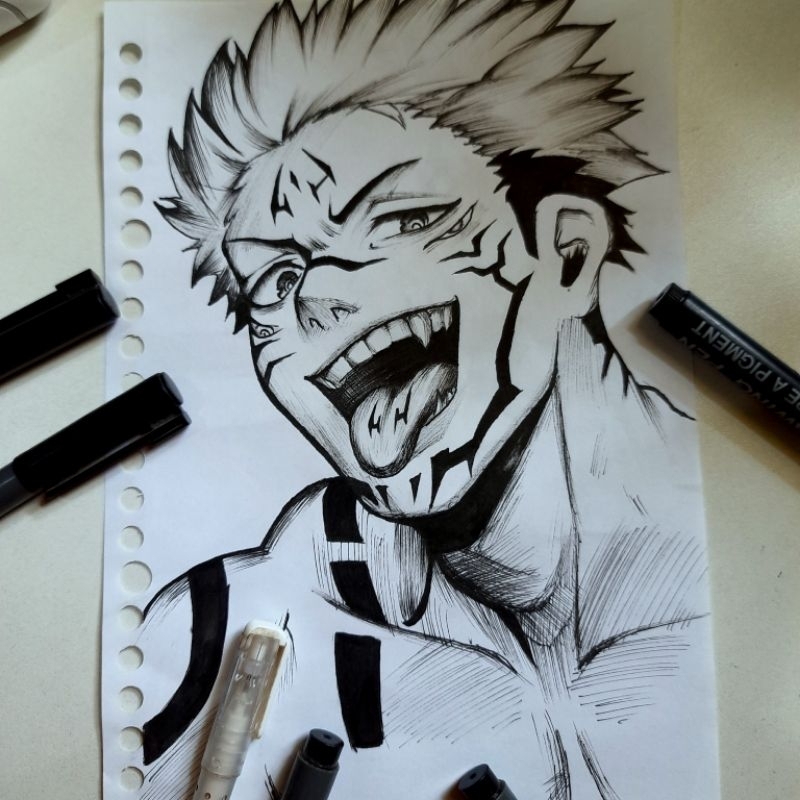 

gambar sketsa sukuna dengan drawing pen kertas A5