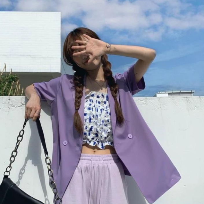 Outer Korea Semi Blazer Import Suit Wanita Lengan Pendek Lilac