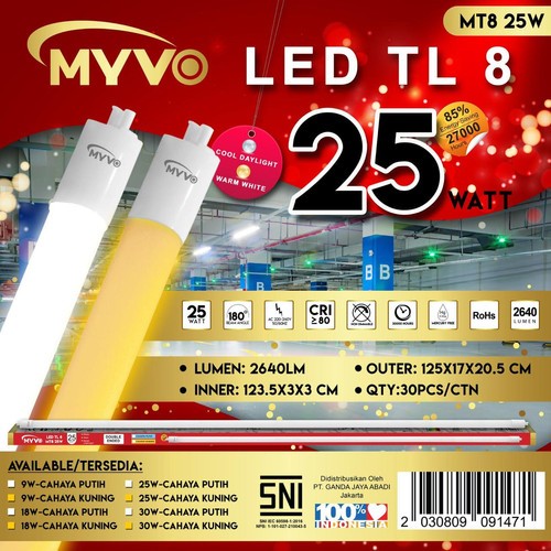 Lampu Neon LED Myvo TL8 T8 Putih 18 Watt/25 Watt dan Kap Lampu Tanpa Balas