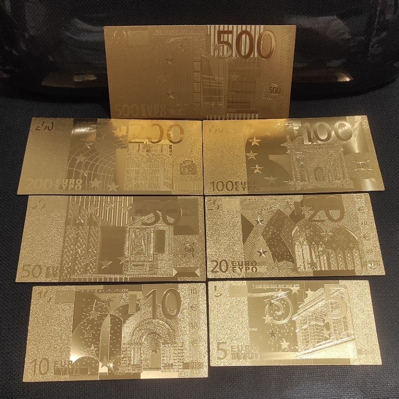 Set 7 Pcs Souvenir Uang Emas Gold Foil EURO Eropa Lengkap Motif Gold