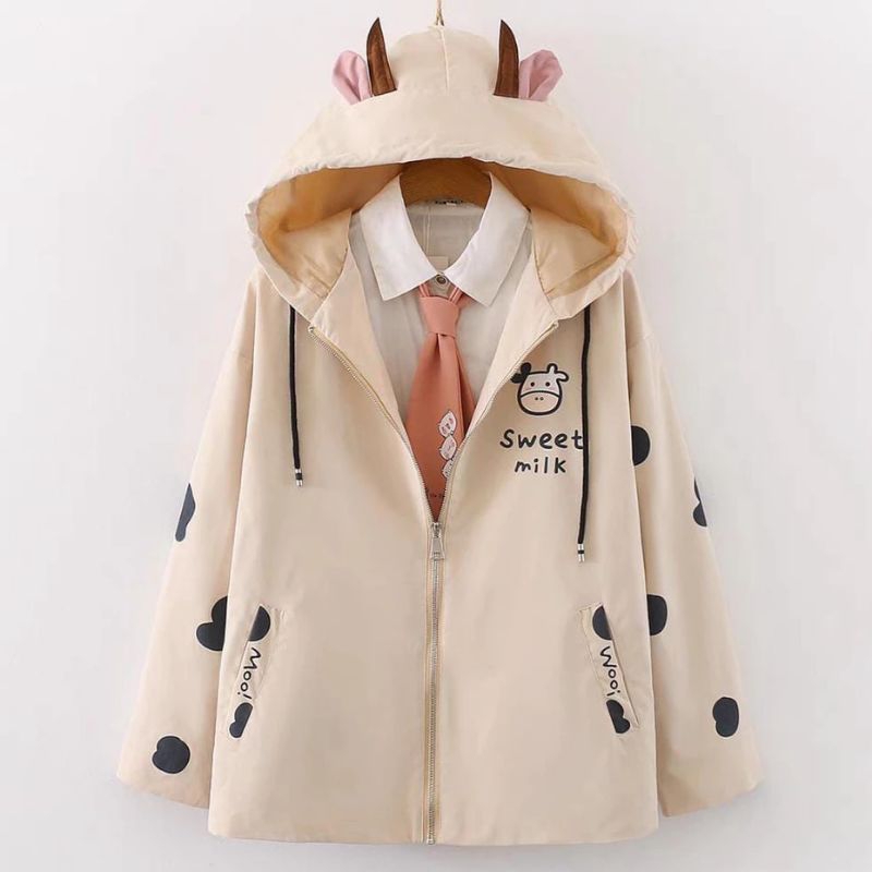 Jacket hoodie Wanita Sweet milk Cow zipper topi telinga lucu