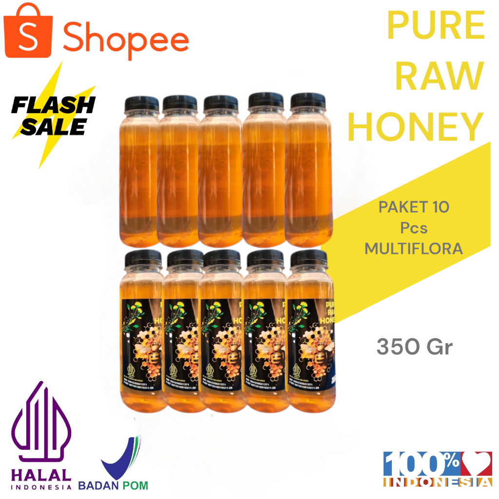 

Paket 10 pcs Madu Murni Asli 35O gr Nektar Multiflora100% Alami Pure Natural Raw Honey