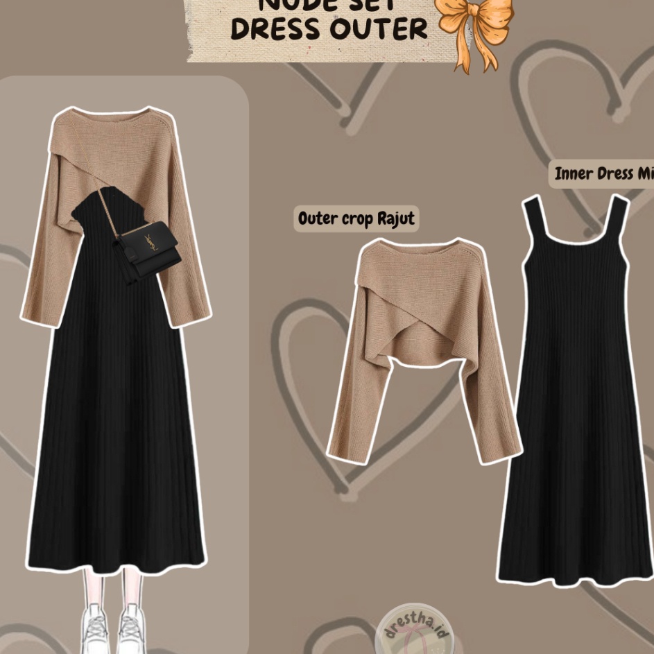 Kejutan Terbaik  One Set Inner Dress Midi Rajut  Outer Crop Rajut  Vest Cardigan Knit 2in1 Gaya Kore