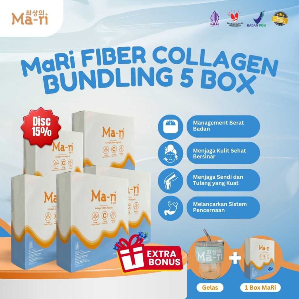 

MaRi Fiber Drink With Collagen 5 Box + Gratis 1Box (6Box) Minuman Fiber Collagen + Gelas Cantik Mari