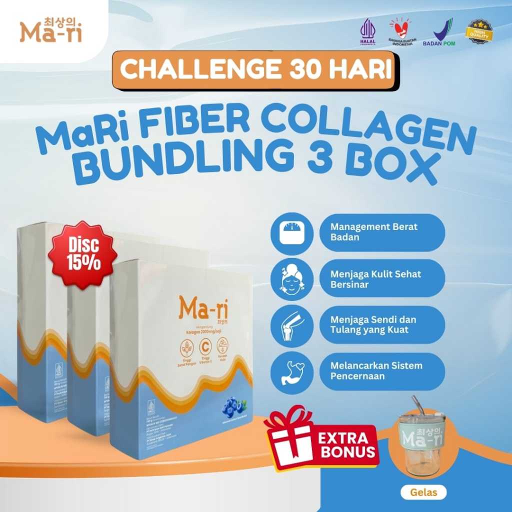 

MaRi Fiber Drink With Collagen 3 Box Paket 30 Hari Minuman Fiber Collagen + Gelas Cantik Always Mari