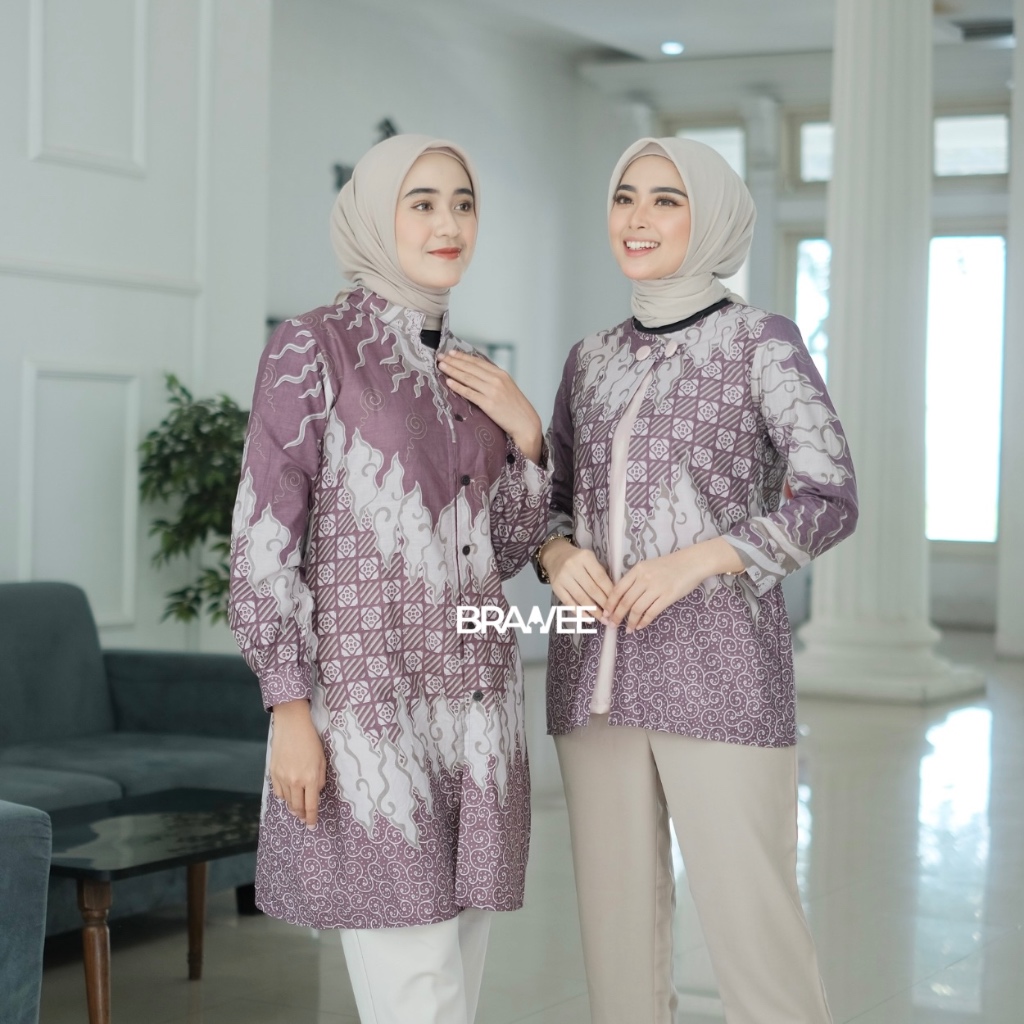 BRAWEE Baju Batik Wanita Modern Atasan Batik Kerja Saroja Mauve