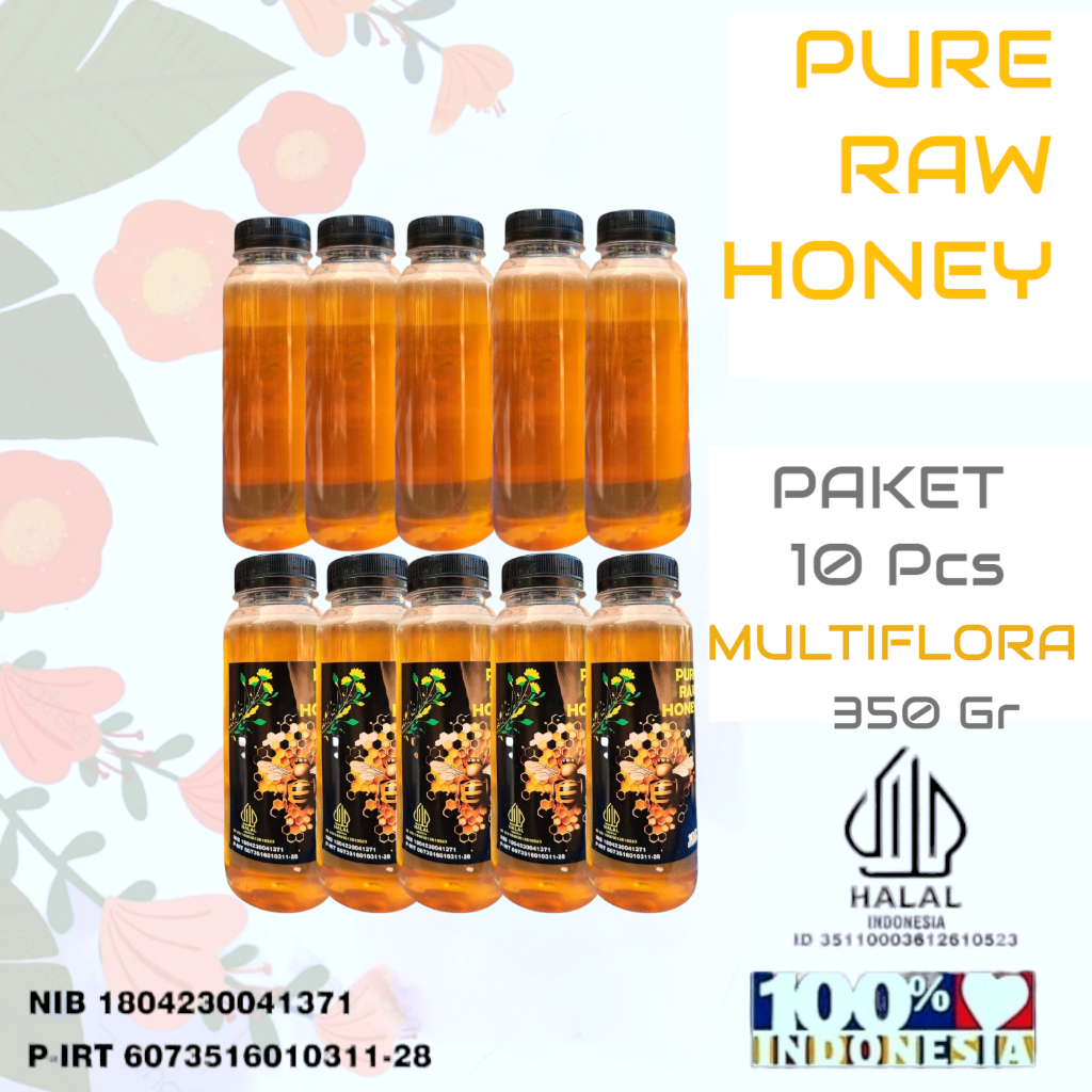 

Paket 10 pcs Madu Murni Asli 35O gr Nektar Multiflora100% Alami Pure Natural Raw Honey