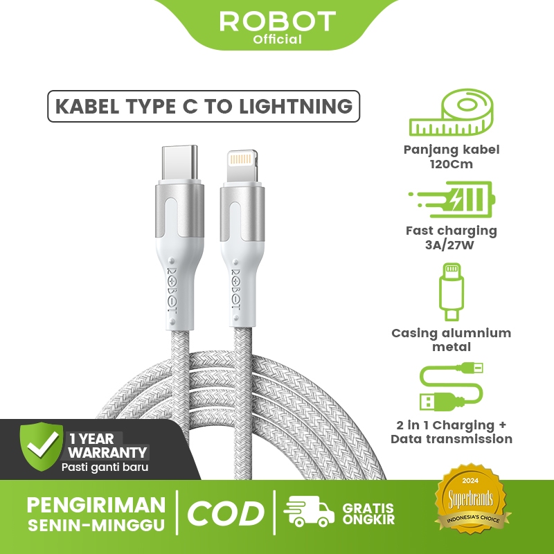 ROBOT Kabel Data Fast Charging 27W Kabel Charger Anti Kusut Type C to Lighting Kabel Data iPhone 1.2