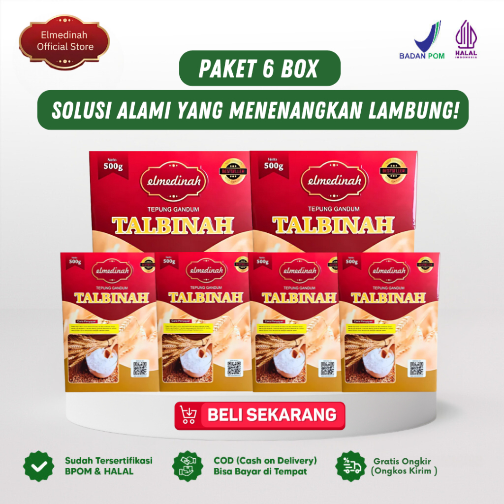 

Talbinah Elmedinah - Paket 6 Box Talbinah El Medinah Resep Thibb Nabawy 500gr | Tepung Gandum 100% Asli