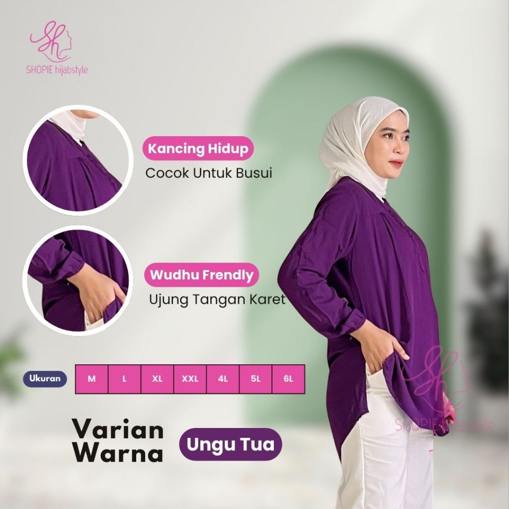 Blus Polos Rayon Ungu Tua Kekinian Buat Wanita Kerja Mahasiswi Kuliah Lengan Karet Wudhu Friendly Ba