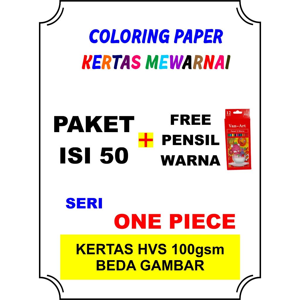 

FREE PENSIL WARNA, SERI ANIME ONE PIECE ISI 50 PEKET MEWARNAI GAMBAR BERBEDA UNTUK ANAK SD TK PAUD COLORING HVS 100gsm